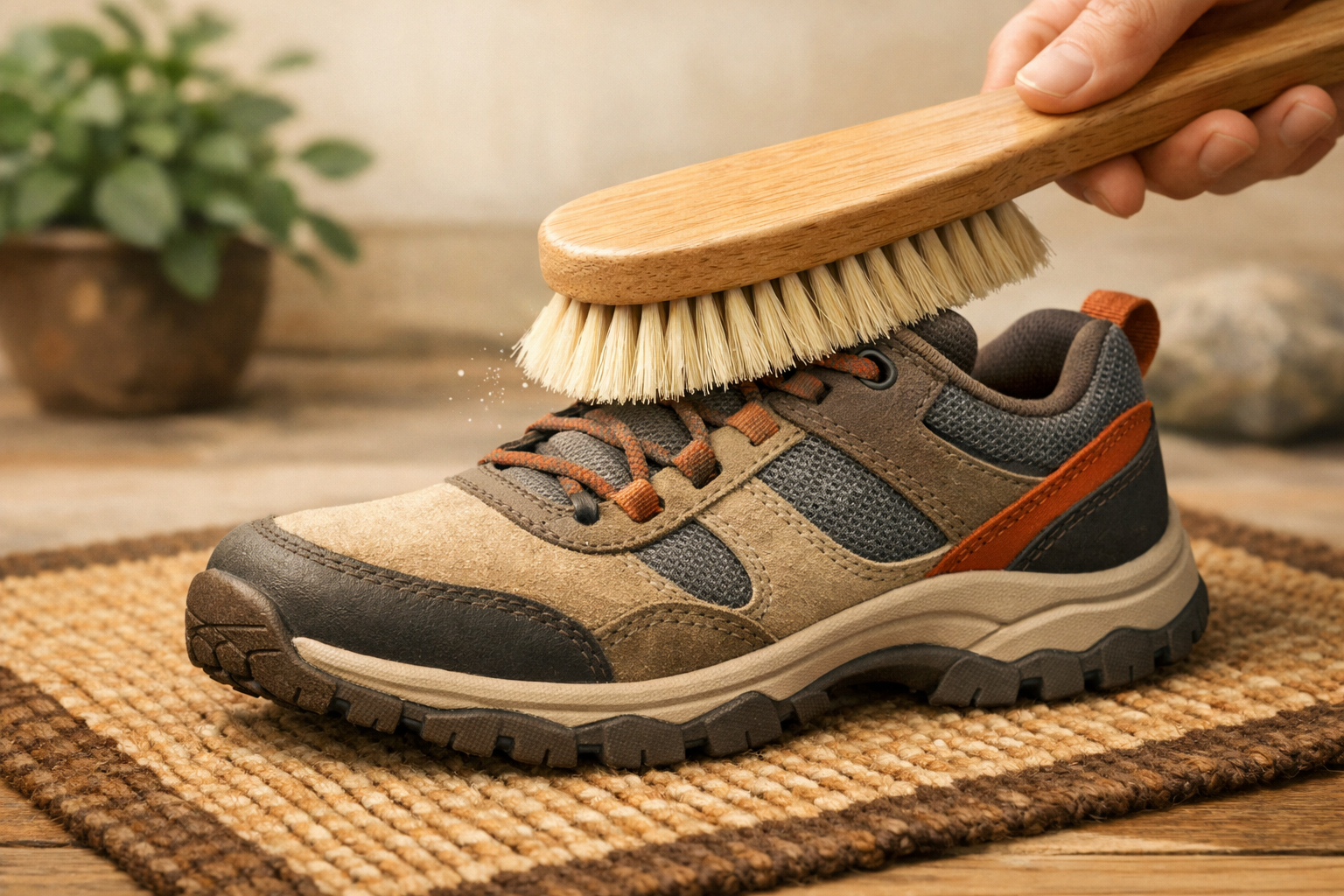 Soft brush removing fine dirt from the upper of a walking shoe.