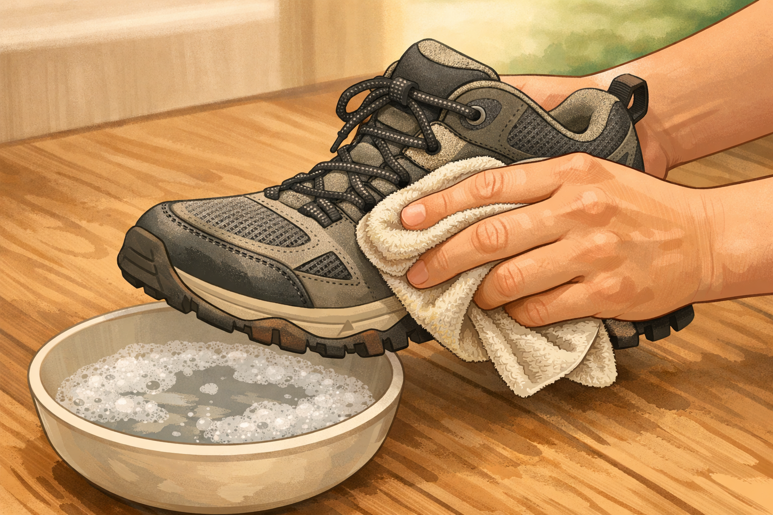 Hand wiping a shoe upper with a damp microfiber cloth.