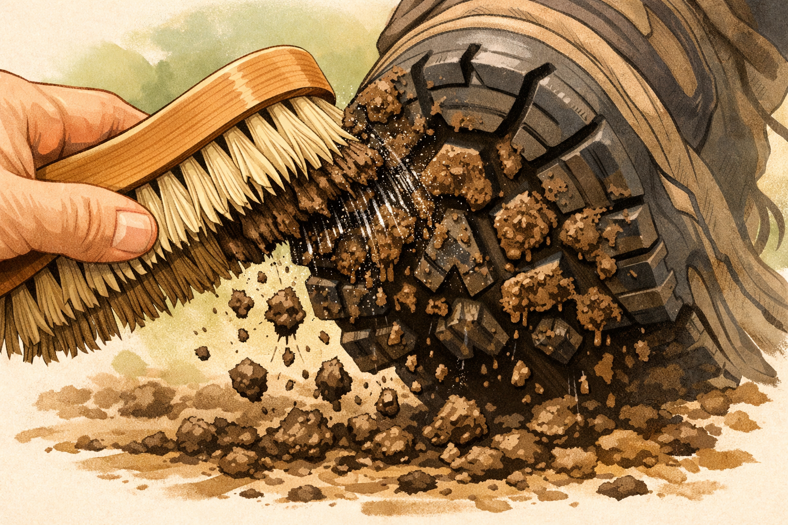 Stiff brush scrubbing mud from the tread of a walking shoe.