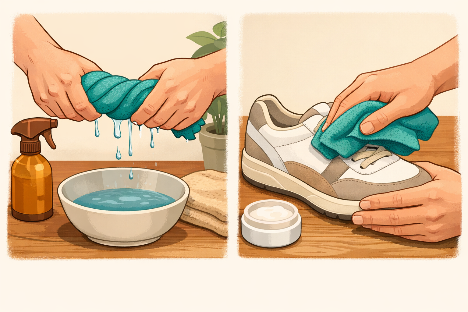 Wringing a cloth and wiping a shoe to remove soap residue.
