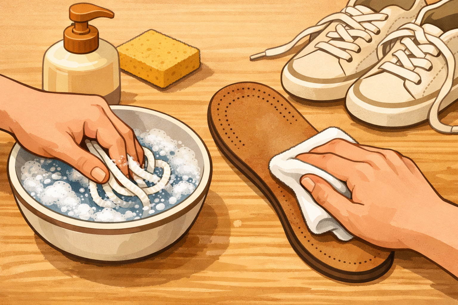 Cleaning laces in soapy water and wiping an insole with a cloth.