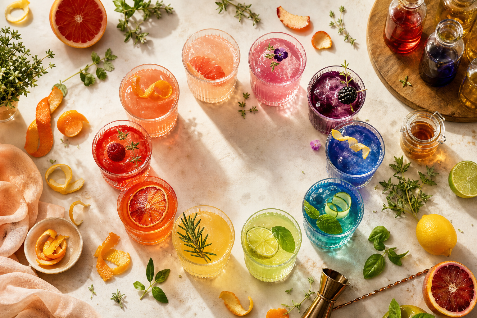 Top-down view of a ring of small colorful gradient cocktails with citrus peels, herbs and syrup jars on a warm tabletop.