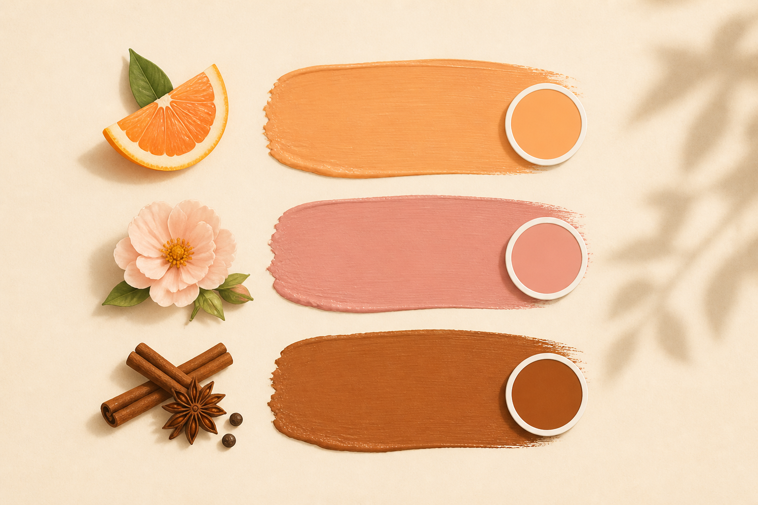 Three color swatches with small citrus, flower, and spice icons to suggest flavor pairings.
