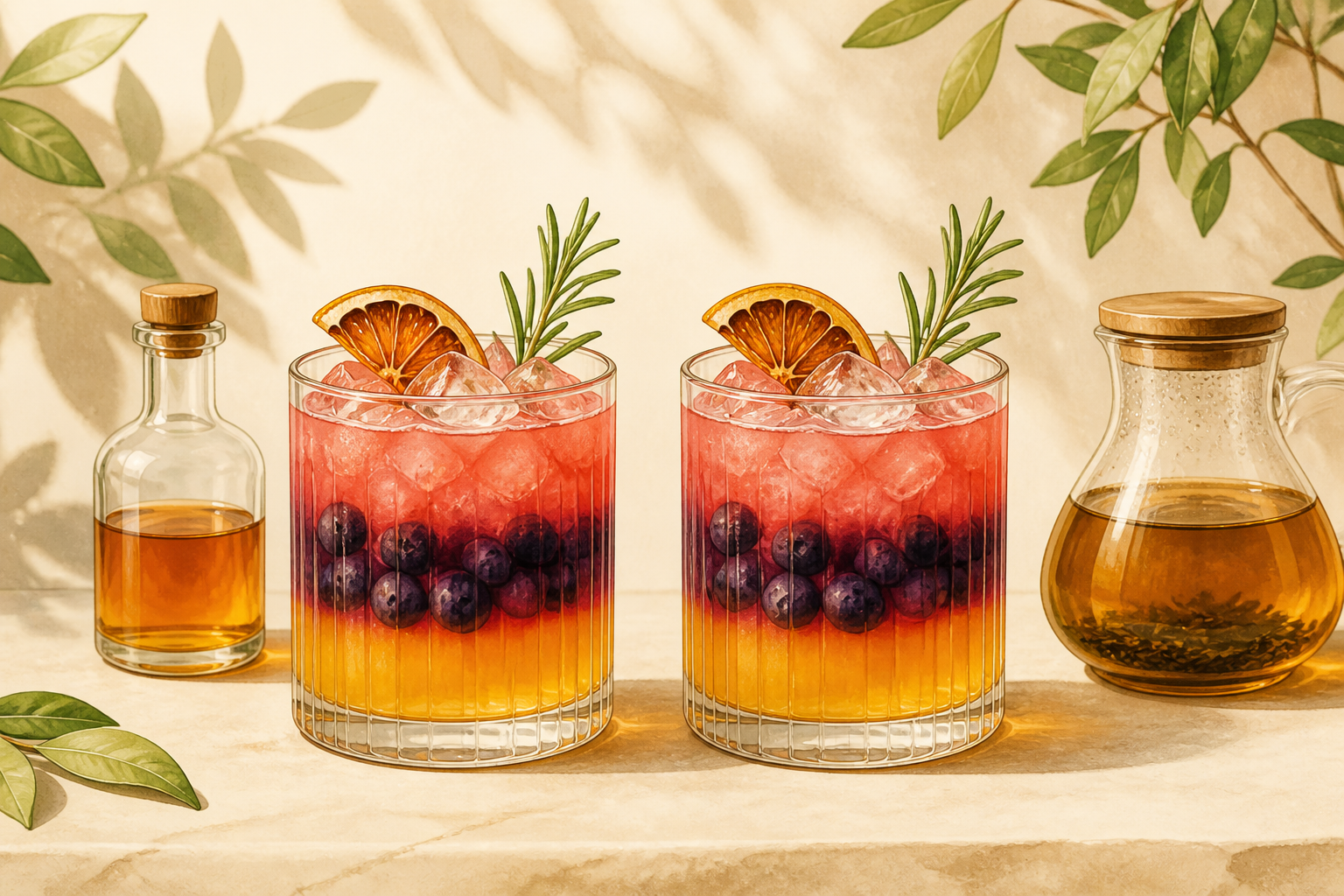 Two visually identical layered drinks shown side-by-side, one intended as alcoholic, the other made with tea for a mocktail.