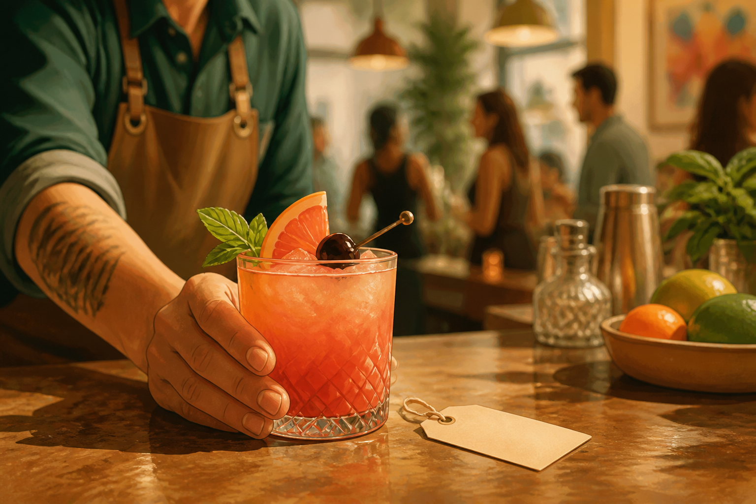 Hand placing a finished colorful cocktail on a bar, ready to serve, with a small tag indicating drink type.