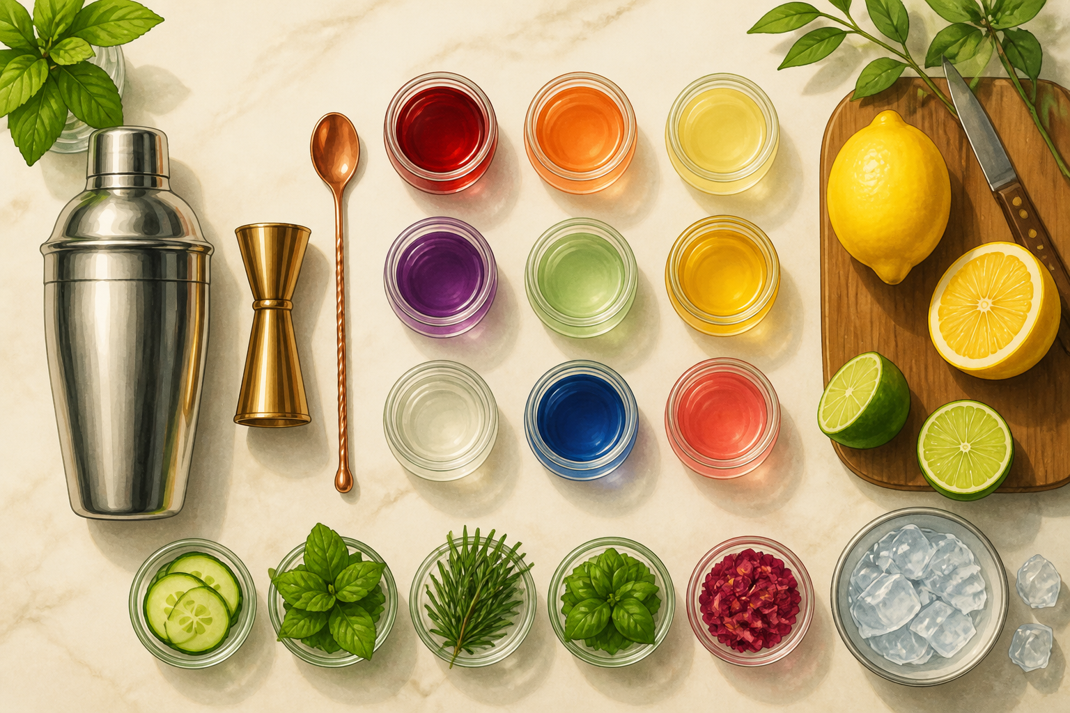 Flat lay of cocktail tools and small jars of colorful syrups with citrus and herbs.
