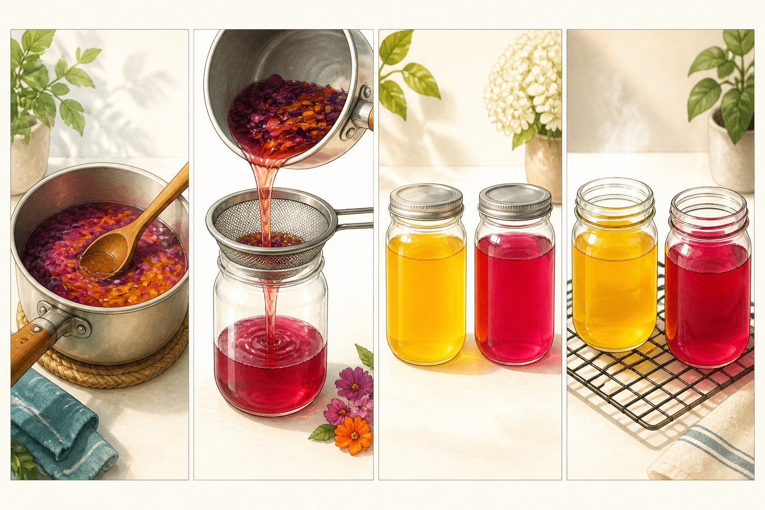 Pouring steeped colored syrup through a sieve into a jar with another jar cooling nearby.
