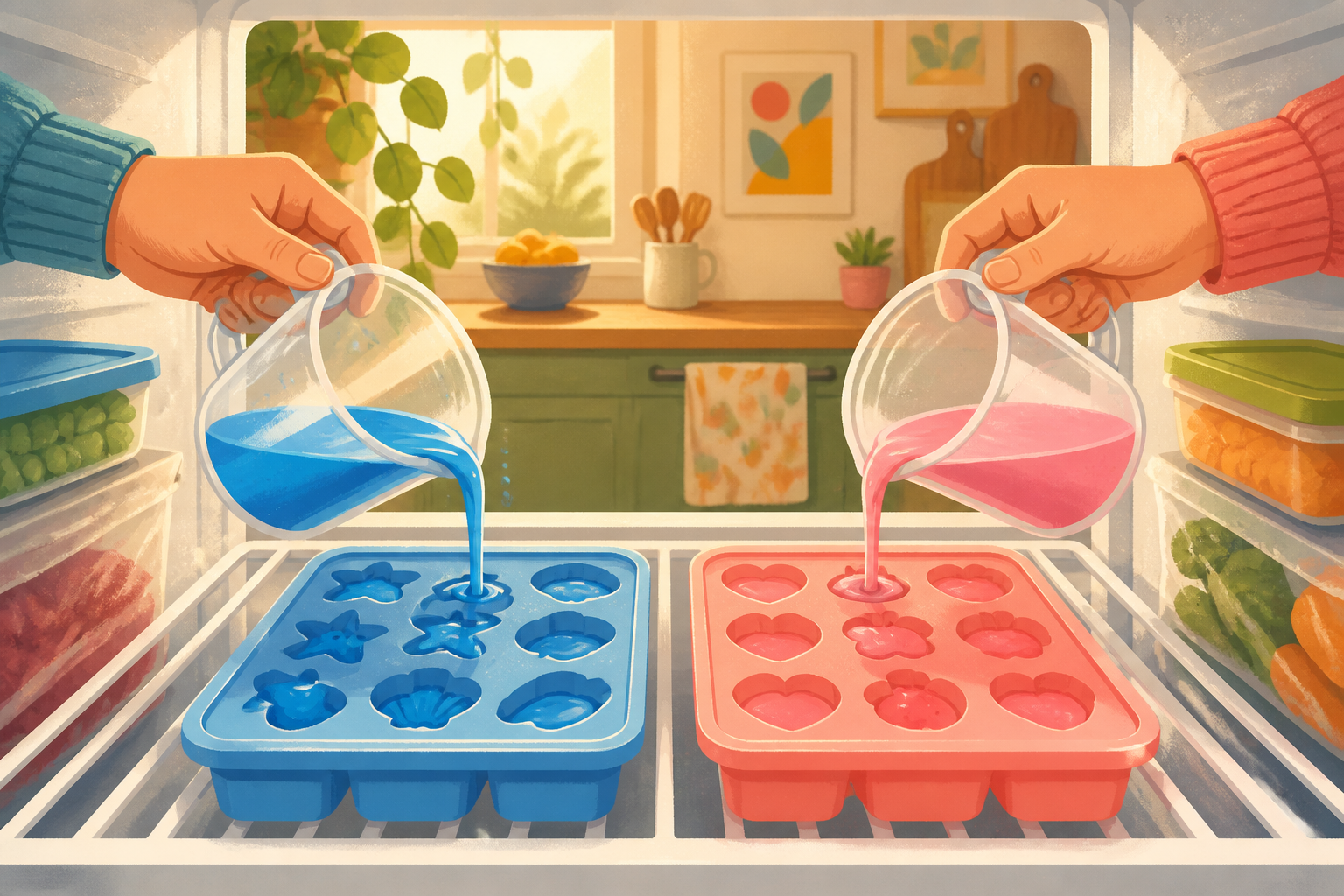 Hands filling silicone trays with blue and pink liquids to make colored ice cubes.