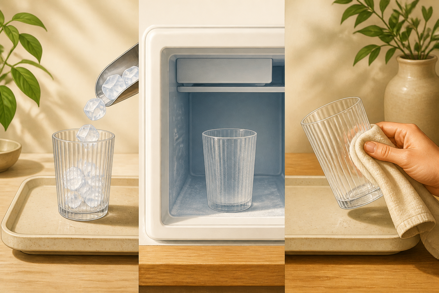 Three glasses being chilled: one filled with ice, one in a freezer, one being wiped dry.