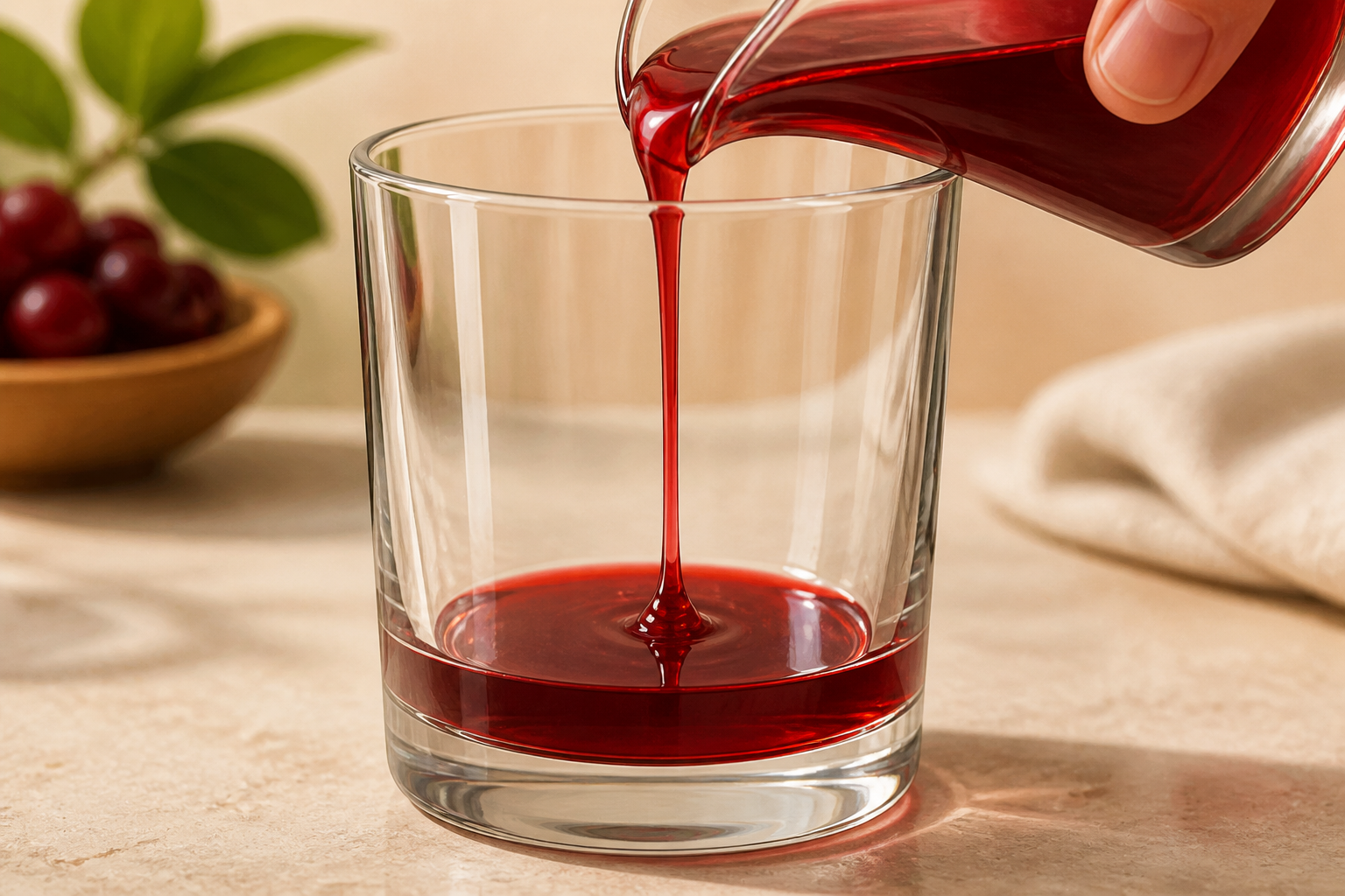 Measured pour of red syrup forming a dense layer at the bottom of a clear glass.