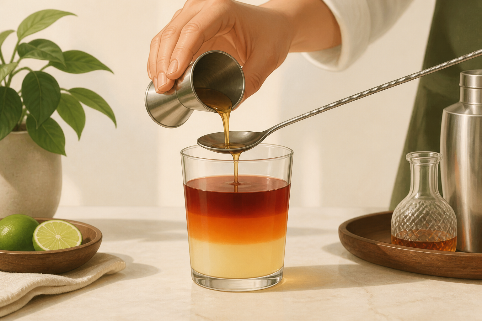 Hand pouring liquid over a spoon into a glass, creating smooth gradient layers.