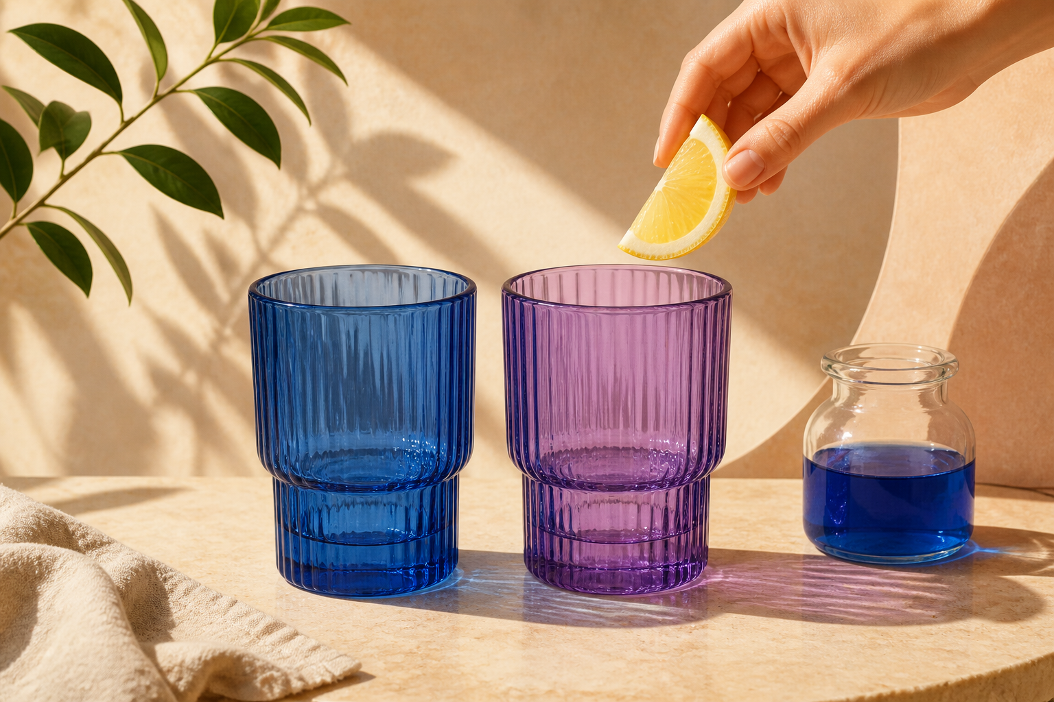 Two glasses showing color change from blue to purple with a lemon wedge ready to be added.