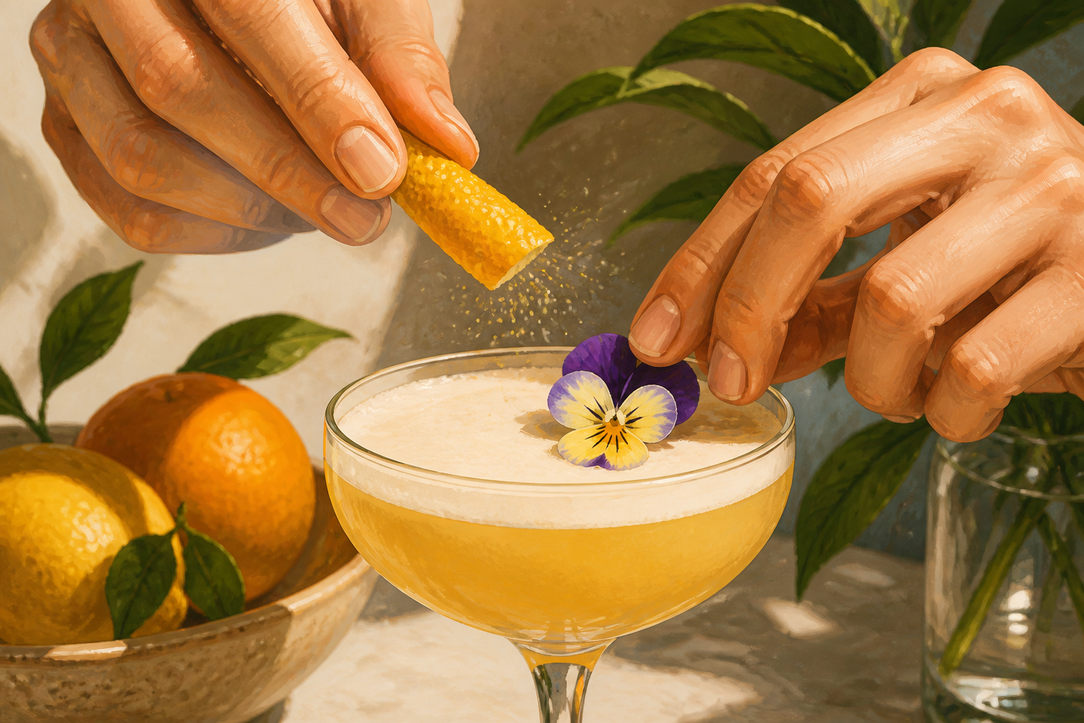 Hand snapping a citrus peel over a cocktail and placing an edible flower as a garnish.