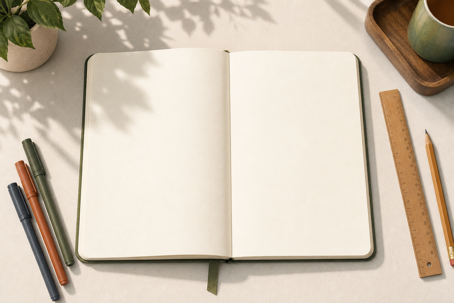 Open two-page notebook on a desk with drawing tools around it, showing the feel of planning and layout without any written text.