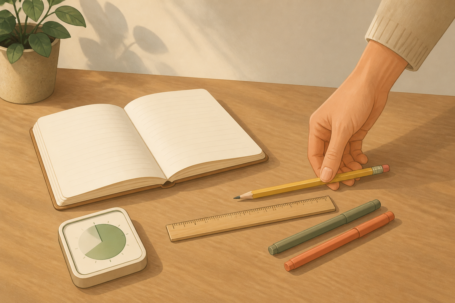 Desk with an open notebook, pencil, ruler, colored pens, and a timer, ready for a short drawing session.