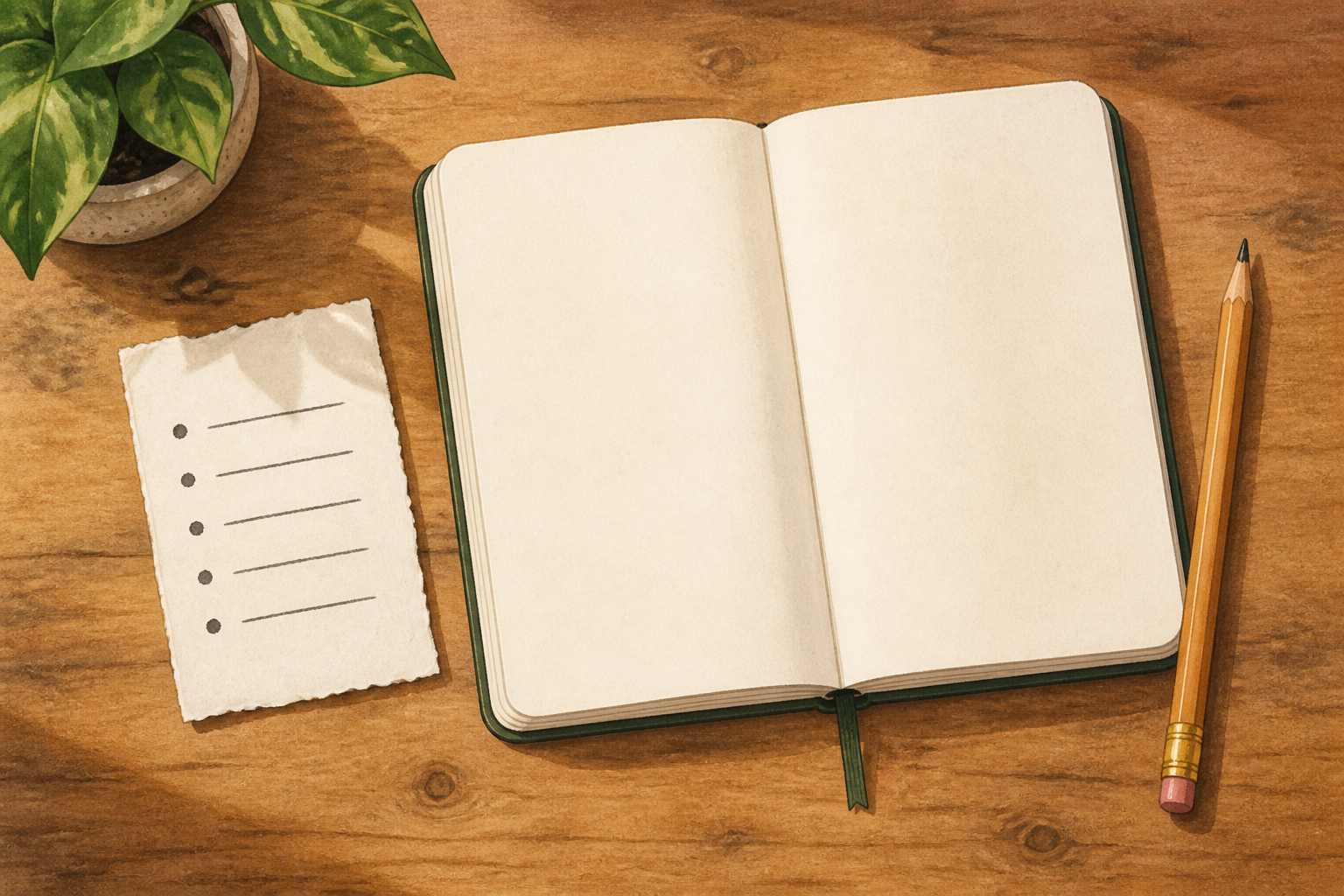 Sheet with a short list next to the open notebook and pencil indicating selection of habits to track.
