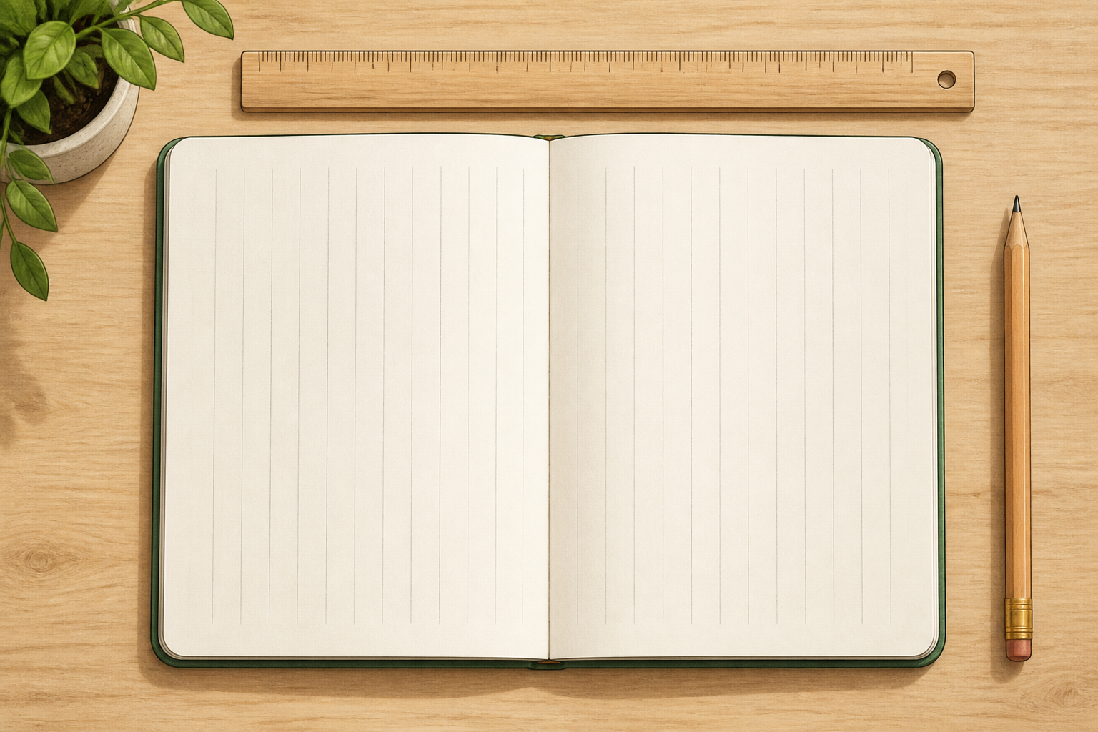 Two-page spread with evenly spaced vertical pencil guides across both pages and a ruler placed nearby.