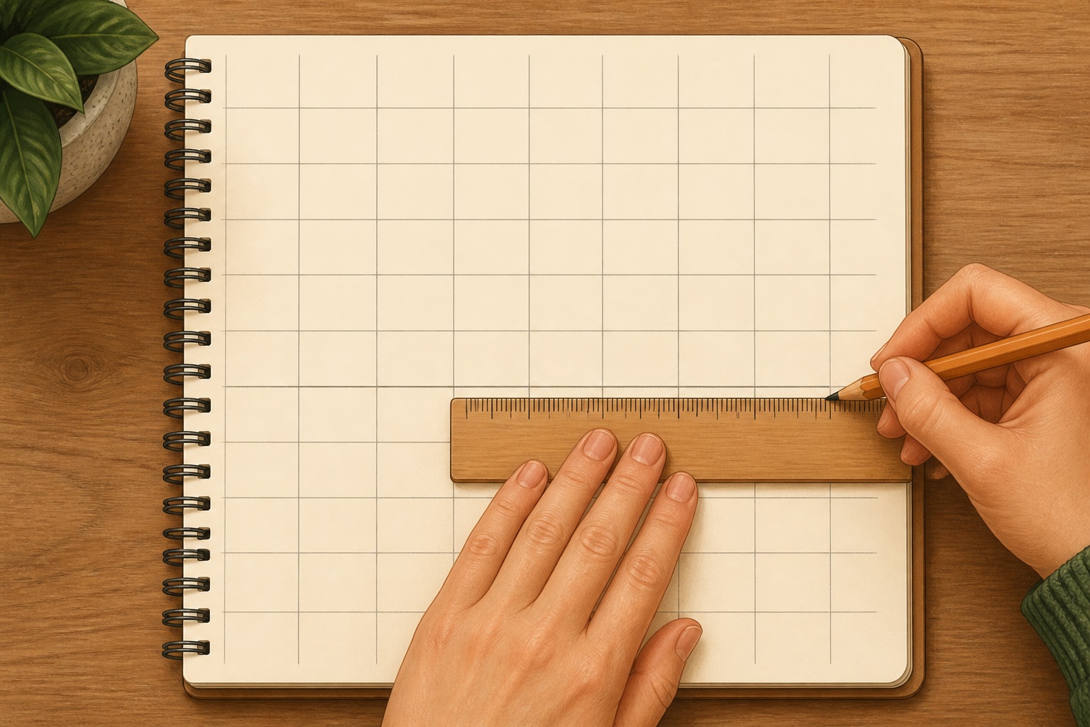 Notebook grid with horizontal rows drawn and a hand using a ruler to draw another row.