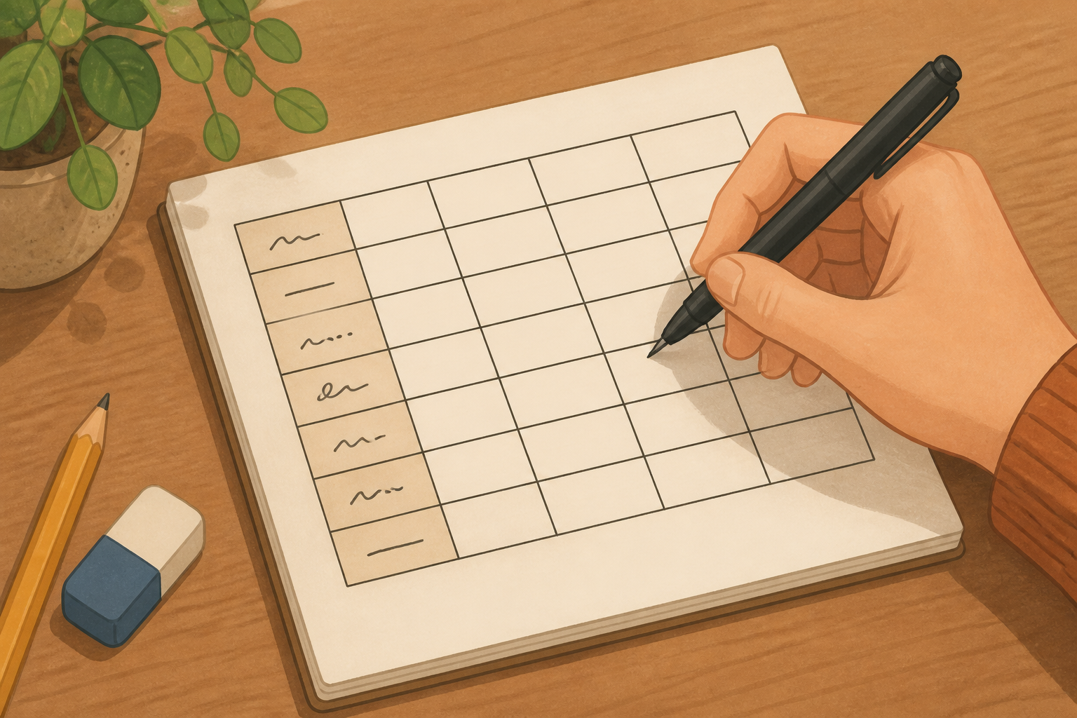 Person inking the grid with a black pen and a labeled left column visible; pencil and eraser sit to the side.