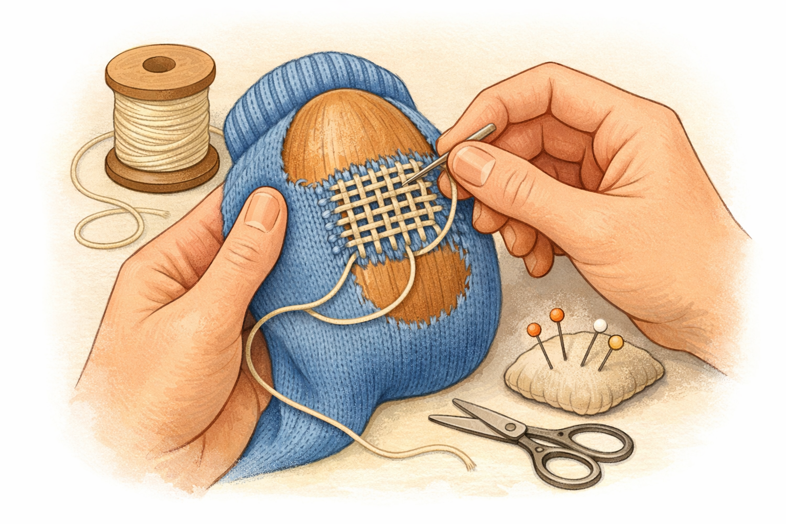 Hands weaving a patch over a hole in a sock stretched on a wooden darning form.
