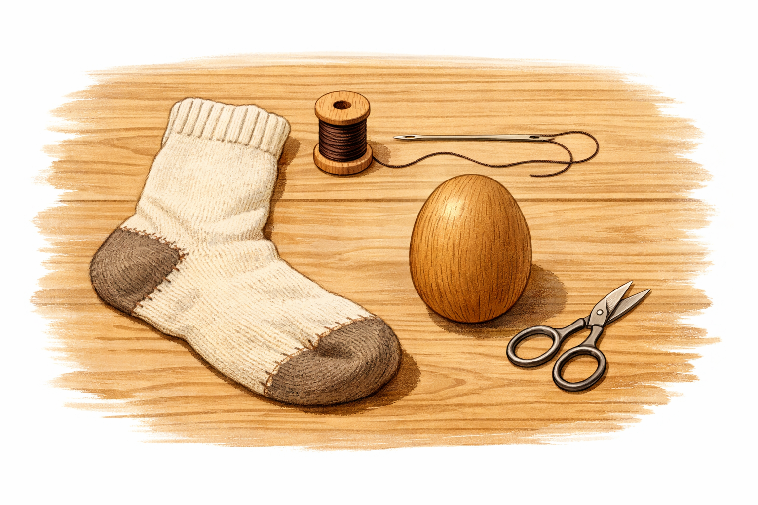Sock, needle, thread, wooden darning egg, and small scissors laid out on a table.