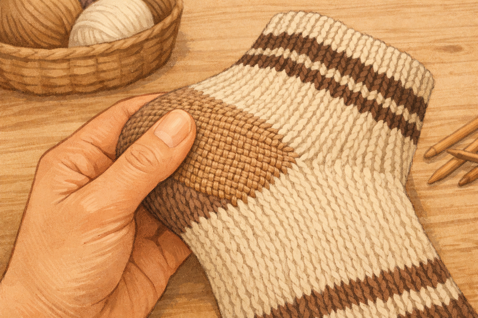 Hand holds a sock with a smooth woven patch and rubs it to soften the finish.