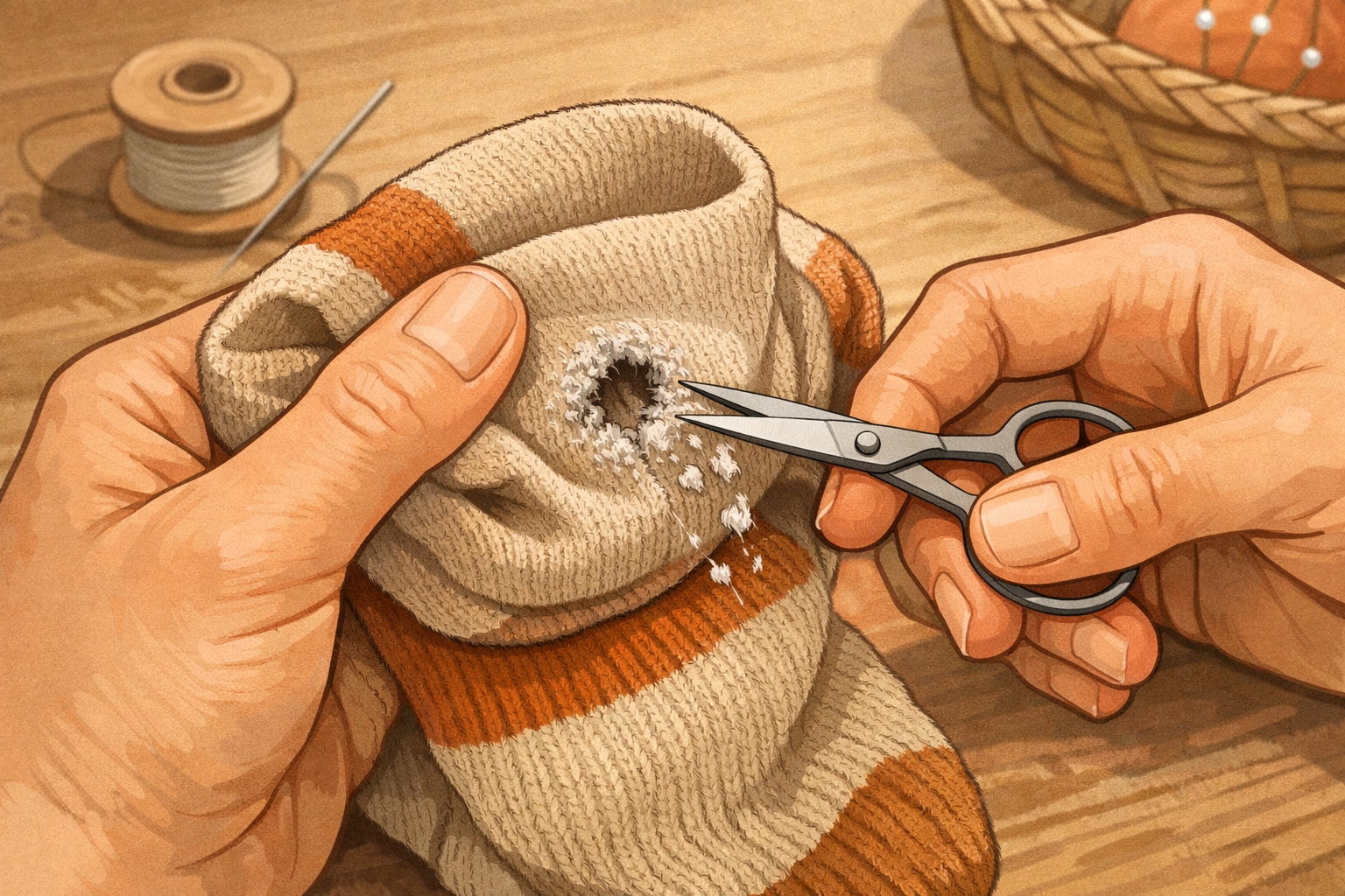 Hands turn a sock inside out and trim frayed bits around a small hole.