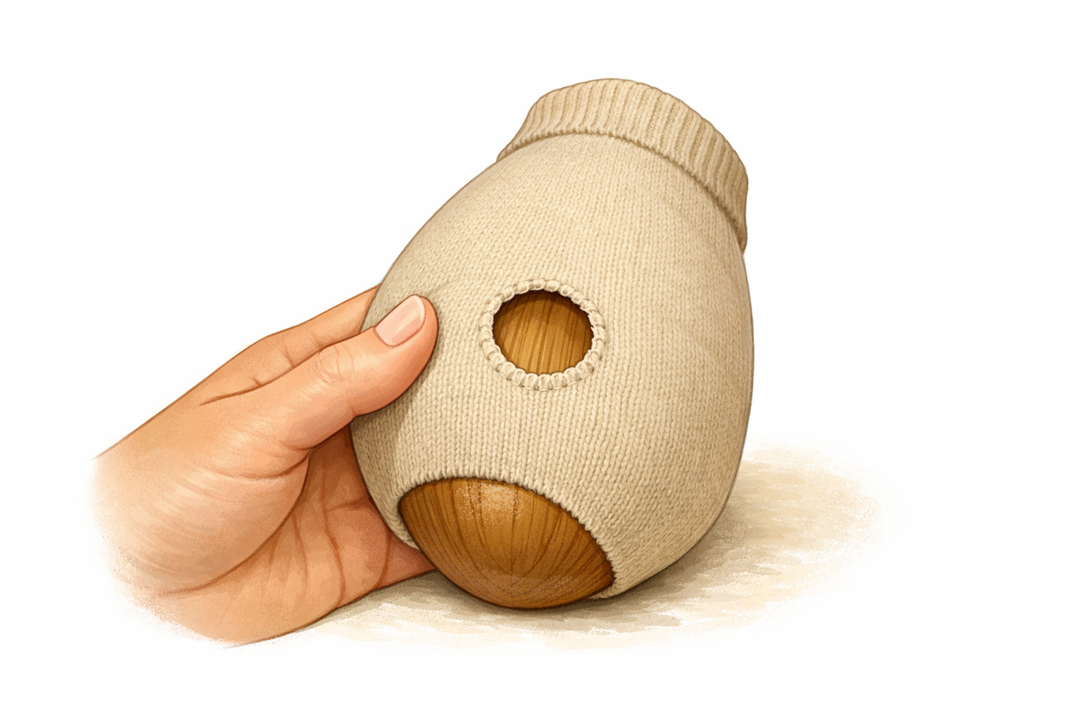 Sock stretched over a wooden form with the hole centered and held flat by a hand.