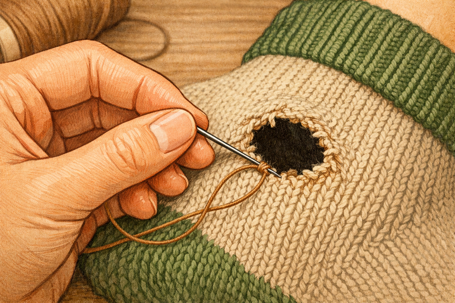 Hand threads a needle and makes a small anchoring stitch near the hole.