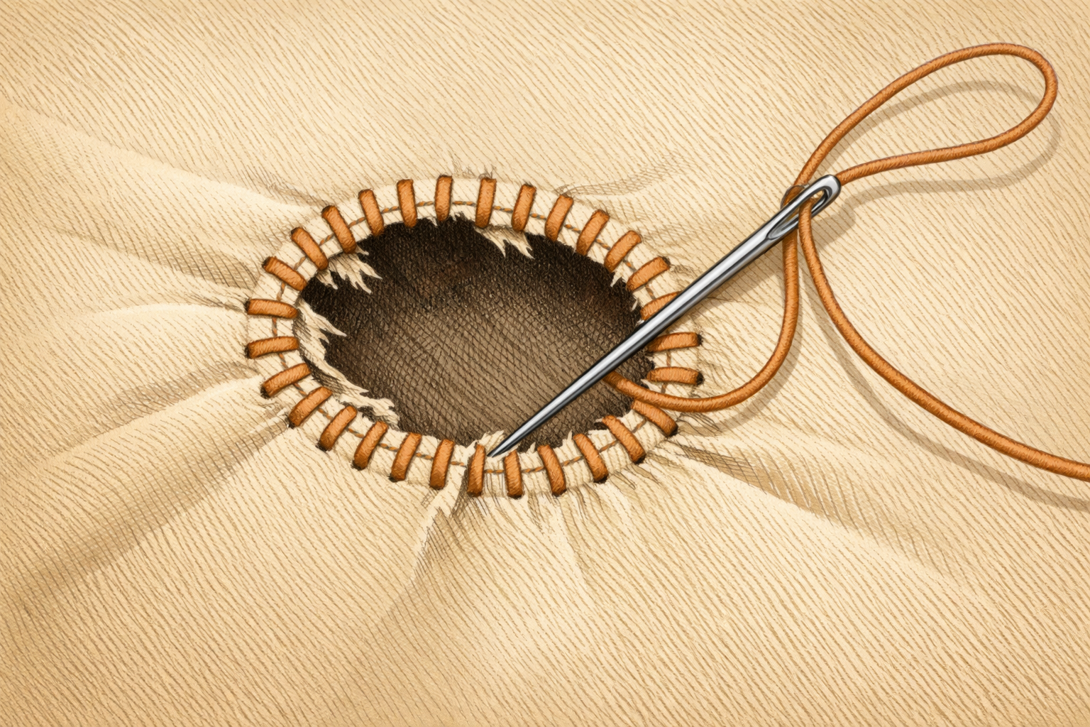 Needle making a ring of small stitches around the hole in the sock.