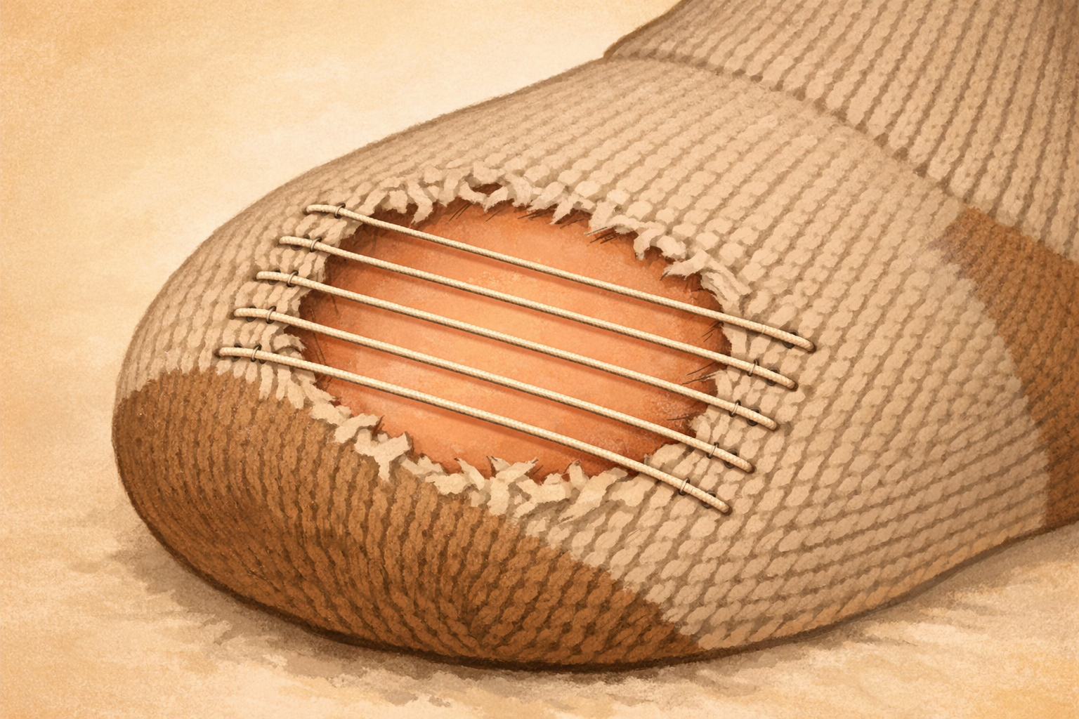 Parallel threads span the hole, anchored on each side of intact fabric.