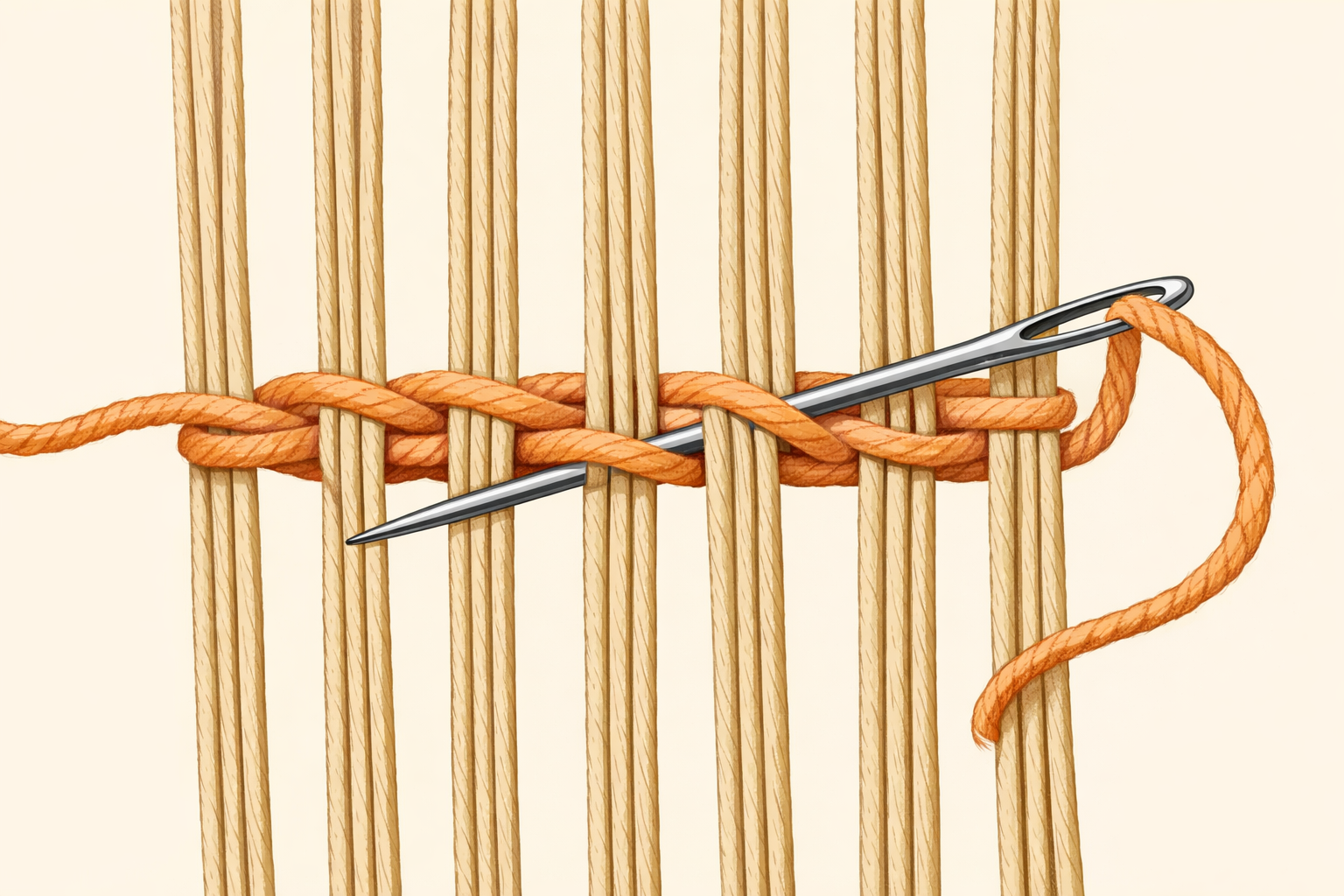 Needle weaves a crosswise row through the vertical foundation strands.