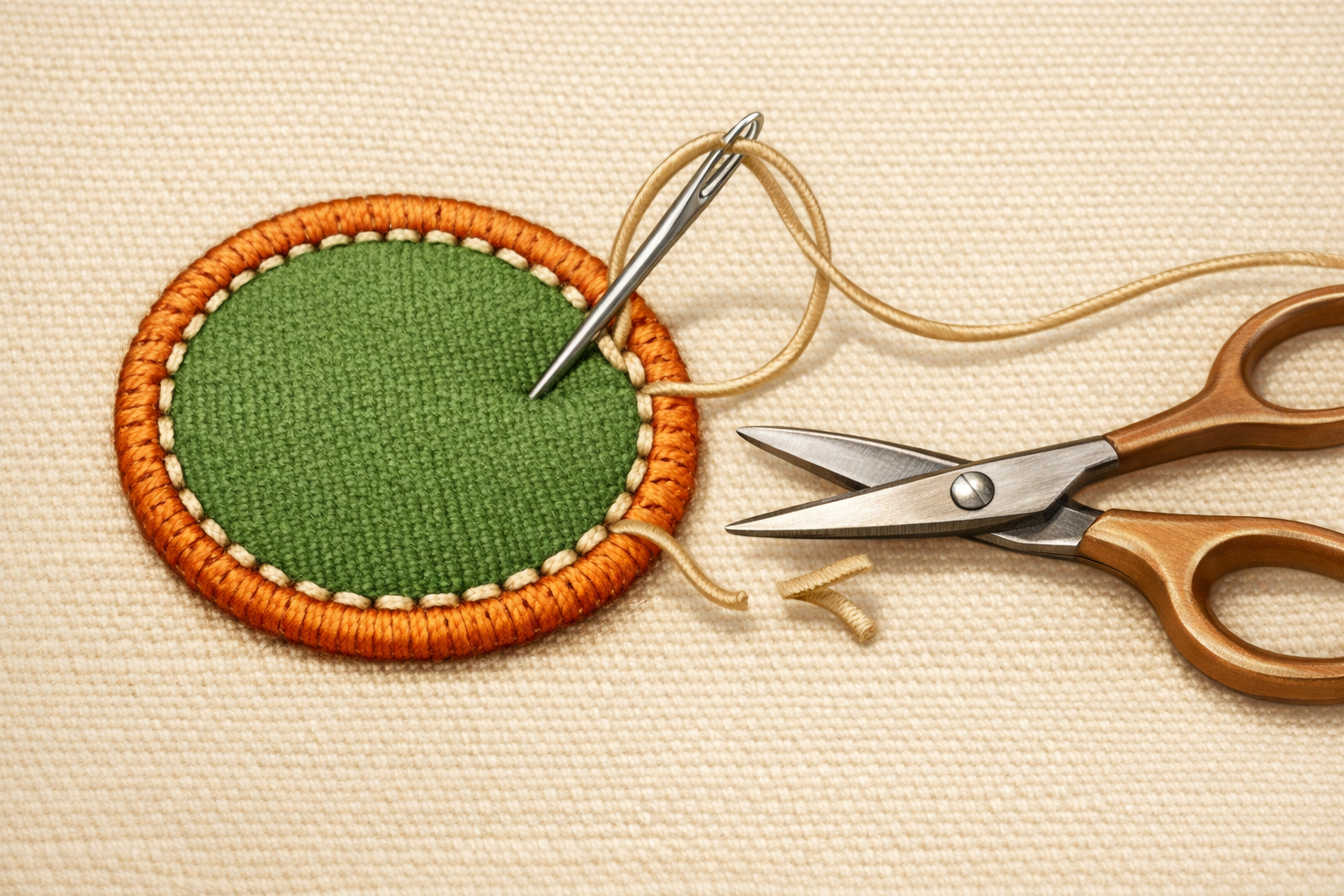 Needle backstitches at the patch edge while scissors trim the tail.