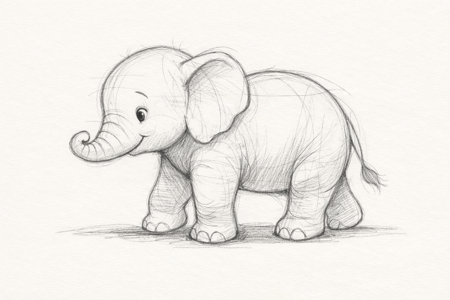 Finished pencil sketch of a side-view baby elephant with soft shading and a light ground shadow