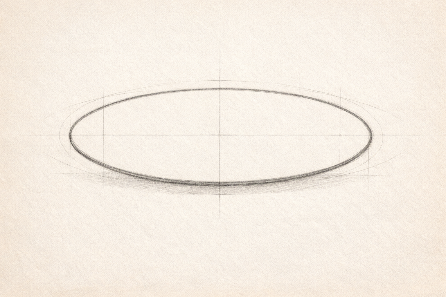 A lightly drawn horizontal oval centered on a blank page, representing the elephant’s body.