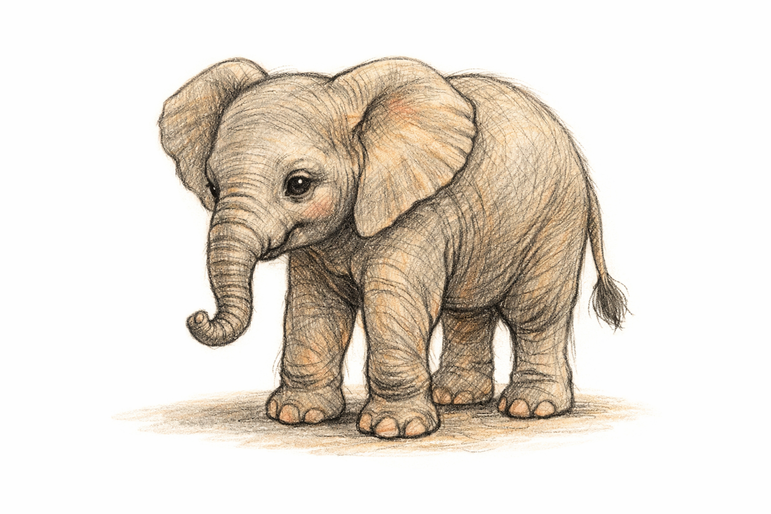 The completed baby elephant drawing has a soft ground shadow and subtle dark accents.