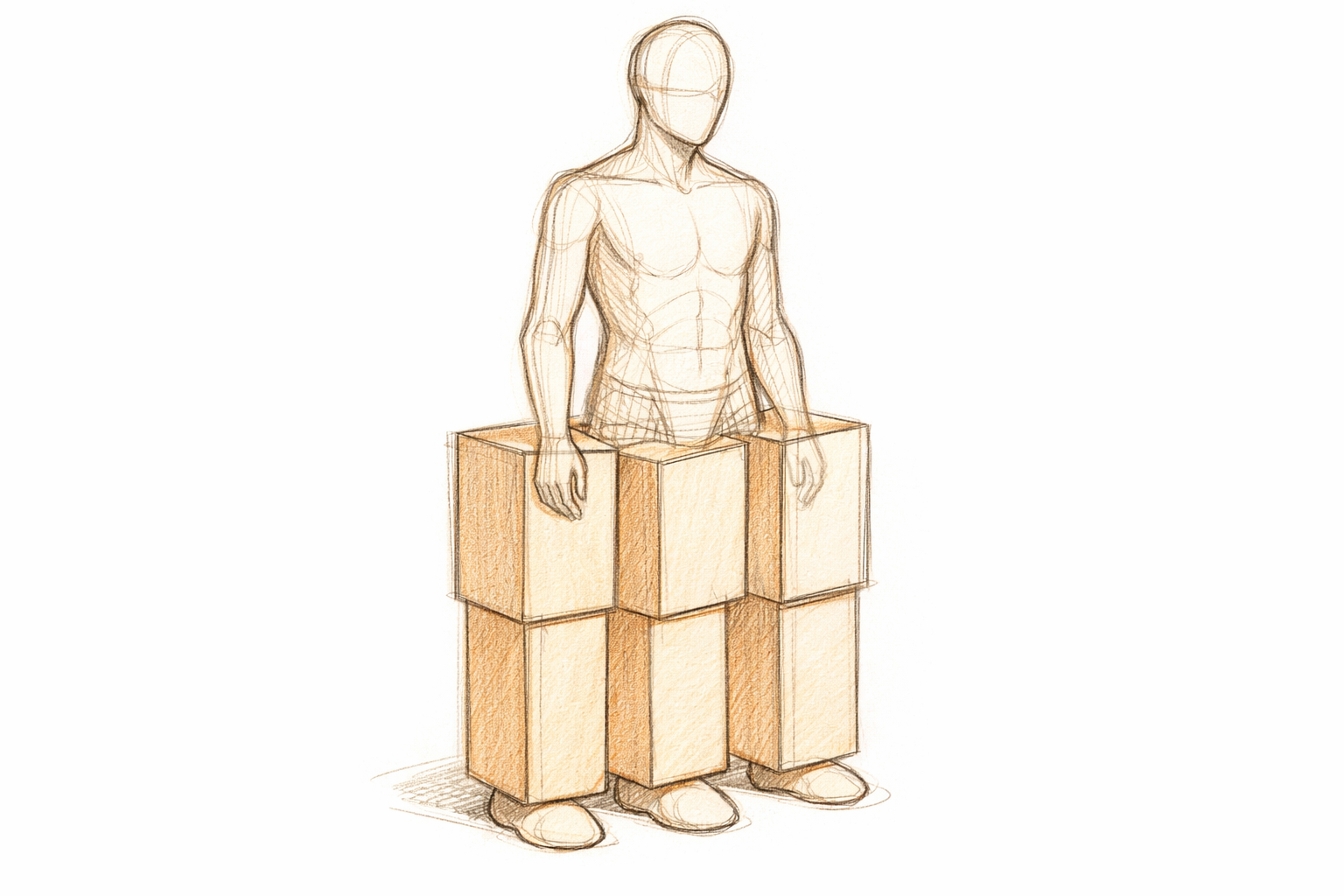 Four blocky leg shapes with rounded feet are sketched under the body oval, two near and two partly hidden.