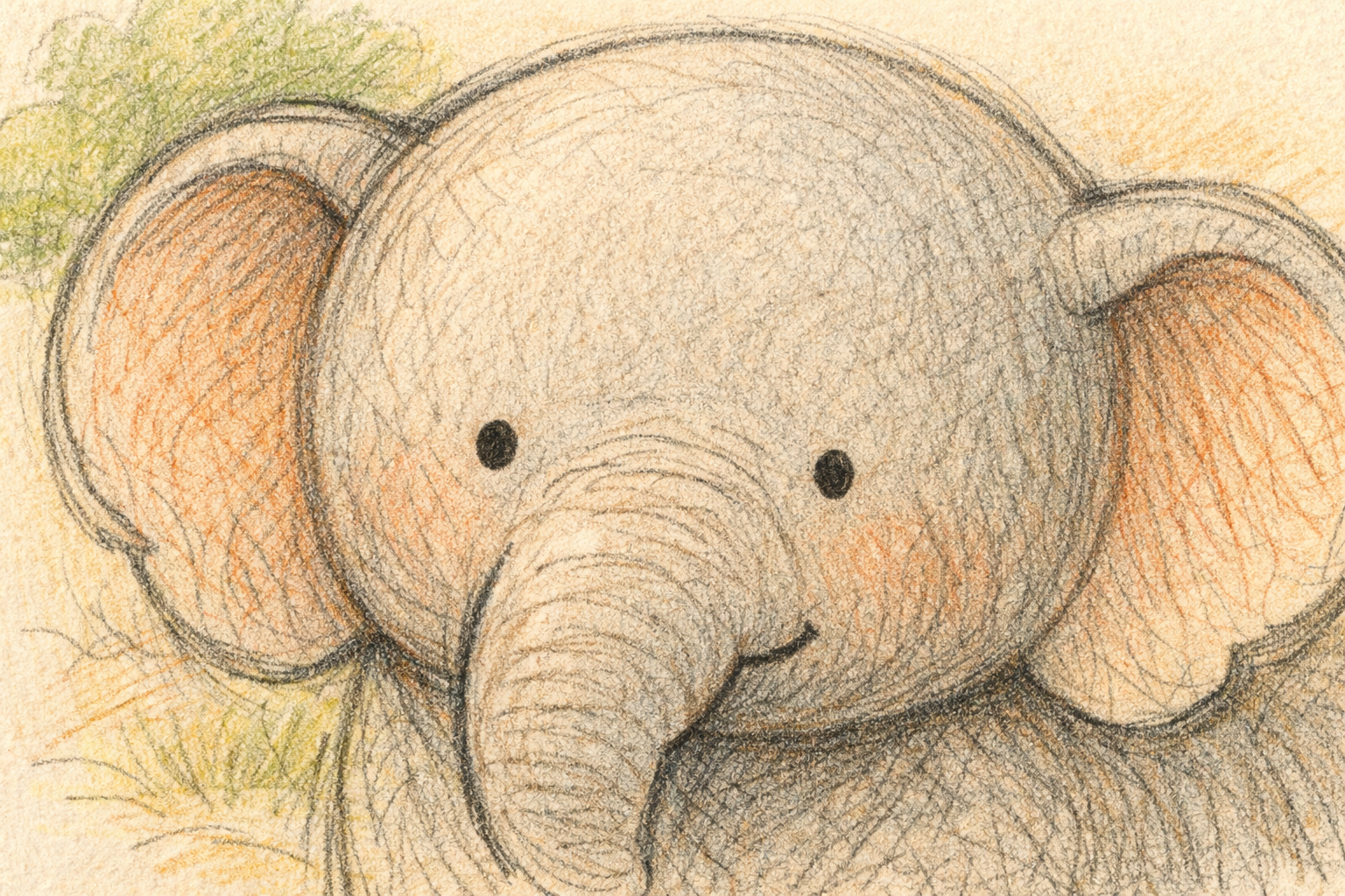 A small eye and a short mouth line are placed on the head near the base of the trunk.