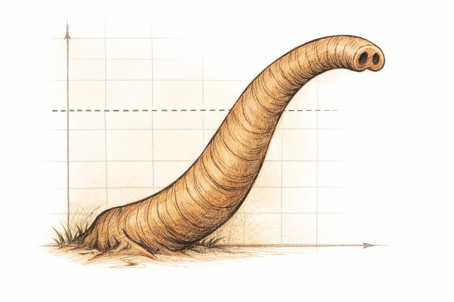 The trunk is thickened along the guide line, with tiny nostrils at the tip and a few gentle wrinkles.