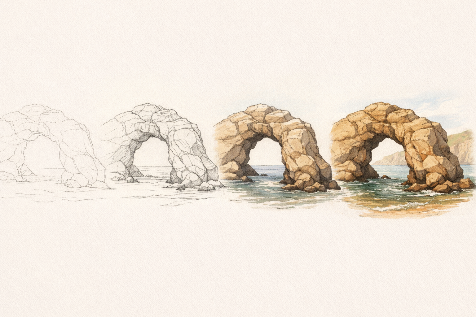 A pencil sketch of a coastal rock arch on paper, transitioning from light outline to fully shaded textures.