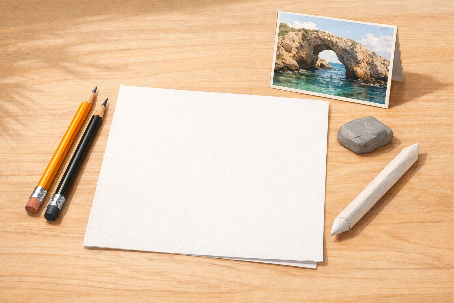 Drawing tools laid out beside a coastal arch photo, ready for sketching.