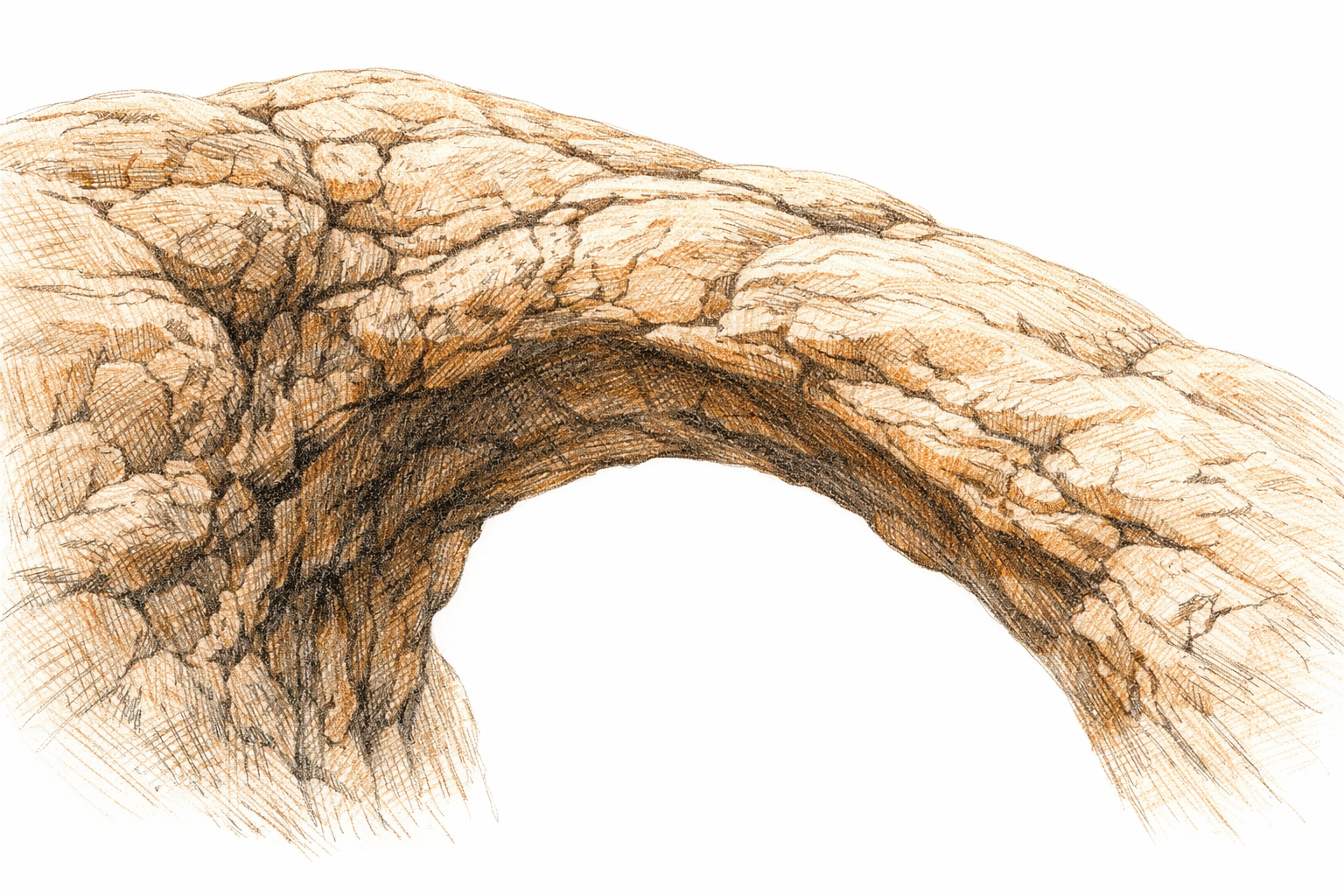 Short, varied pencil strokes create natural rock texture on the arch.