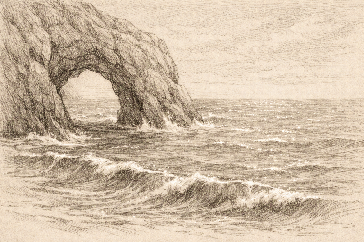 Bright foam and water highlights lifted with an eraser around the arch and across the sea.