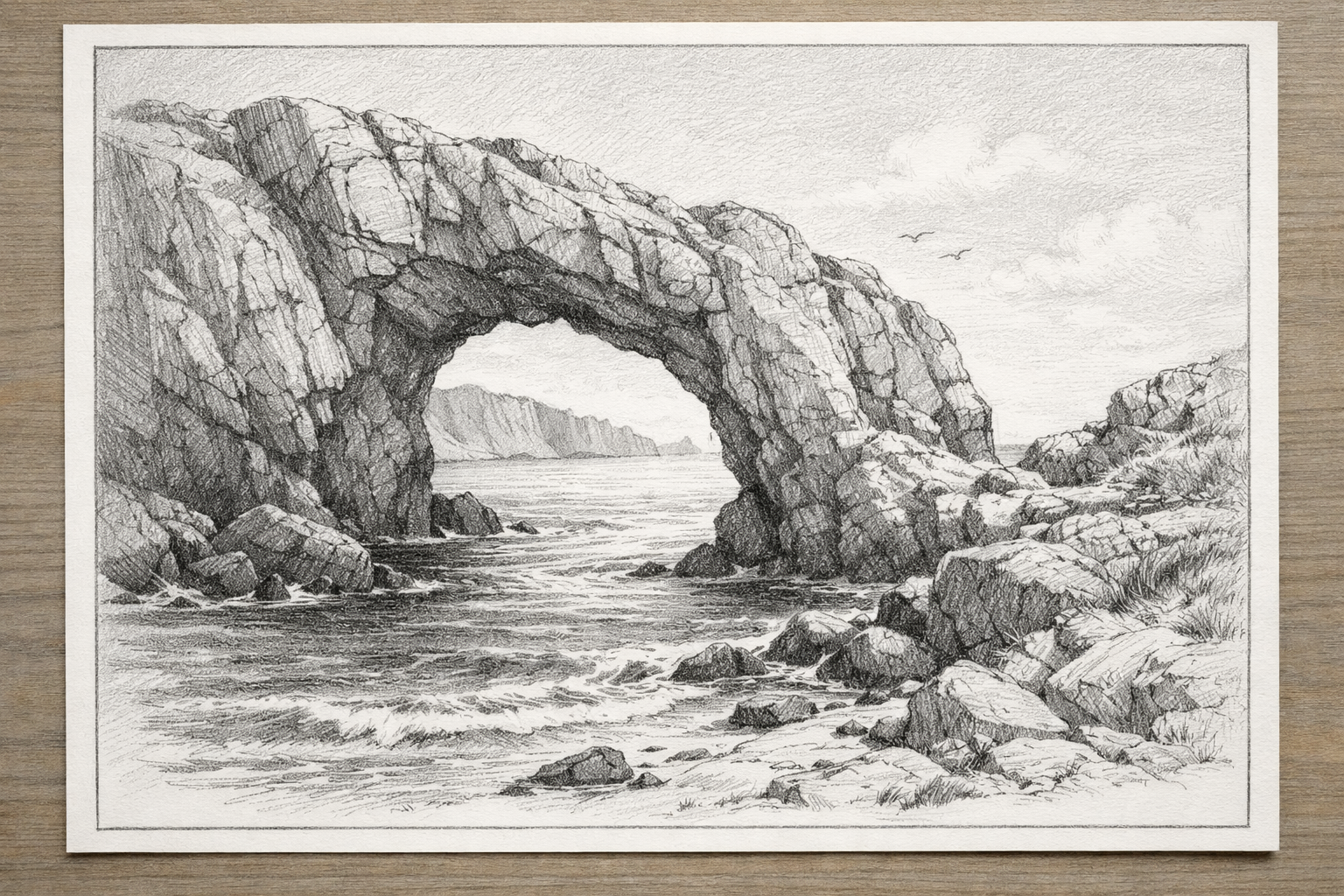 A finished pencil drawing of a coastal rock arch with clear depth, texture, and clean edges.