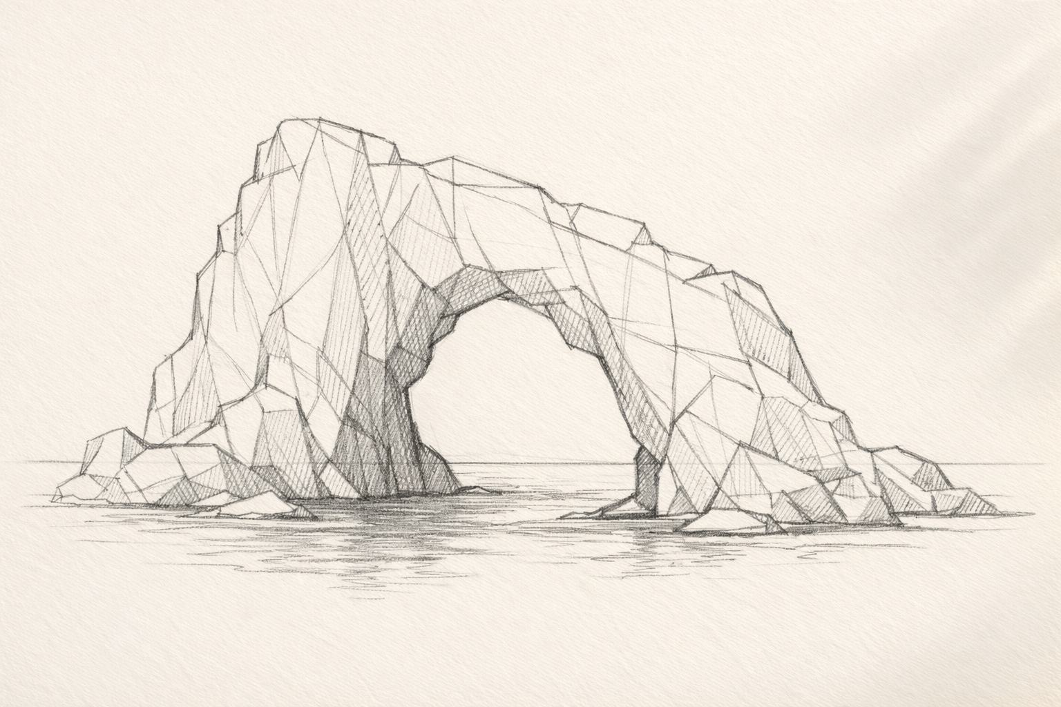 Light, simple outline of a coastal rock arch’s outer edges over a blank horizon.
