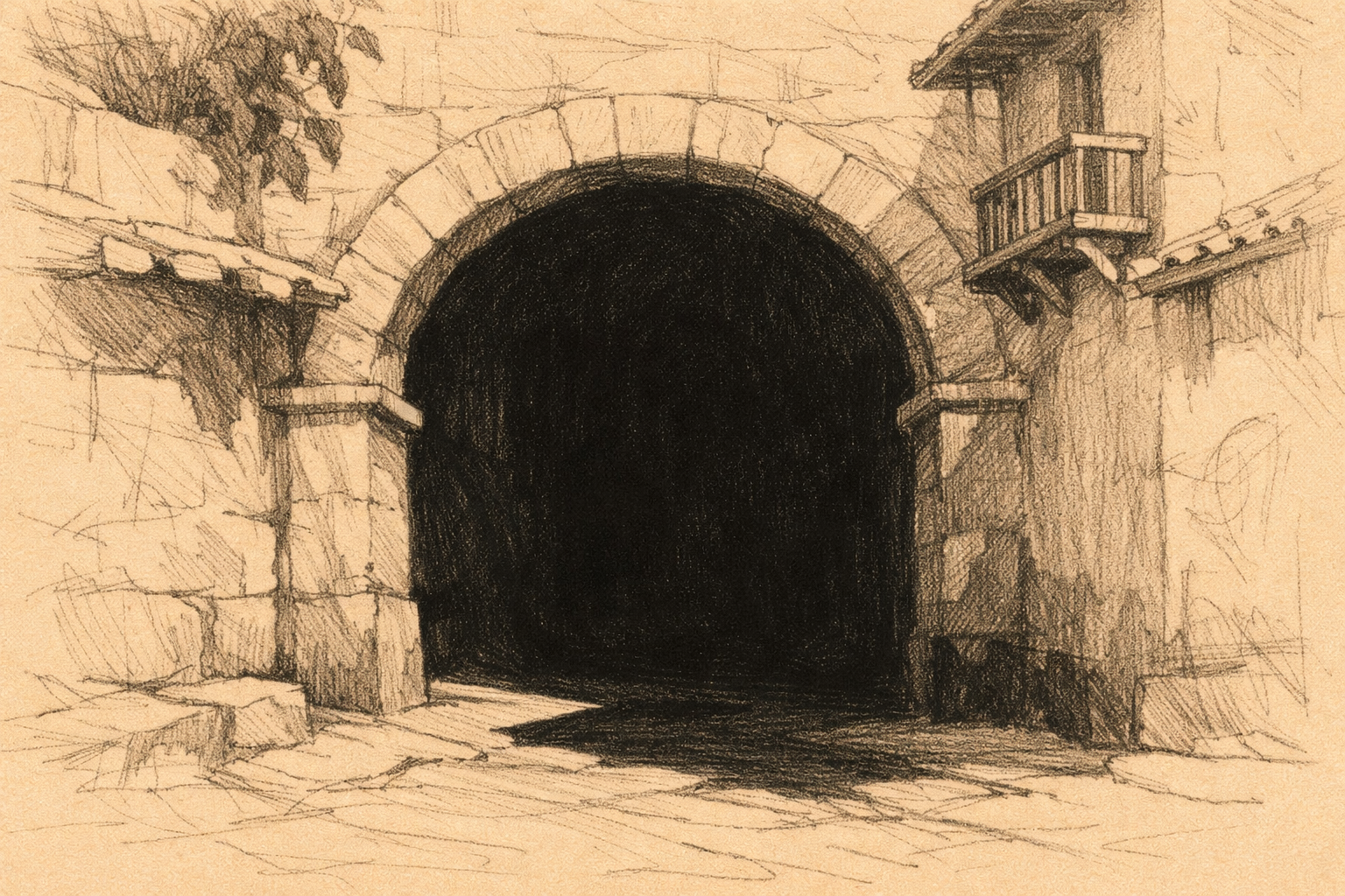Dark shadow areas added inside the arch opening and under rock overhangs.
