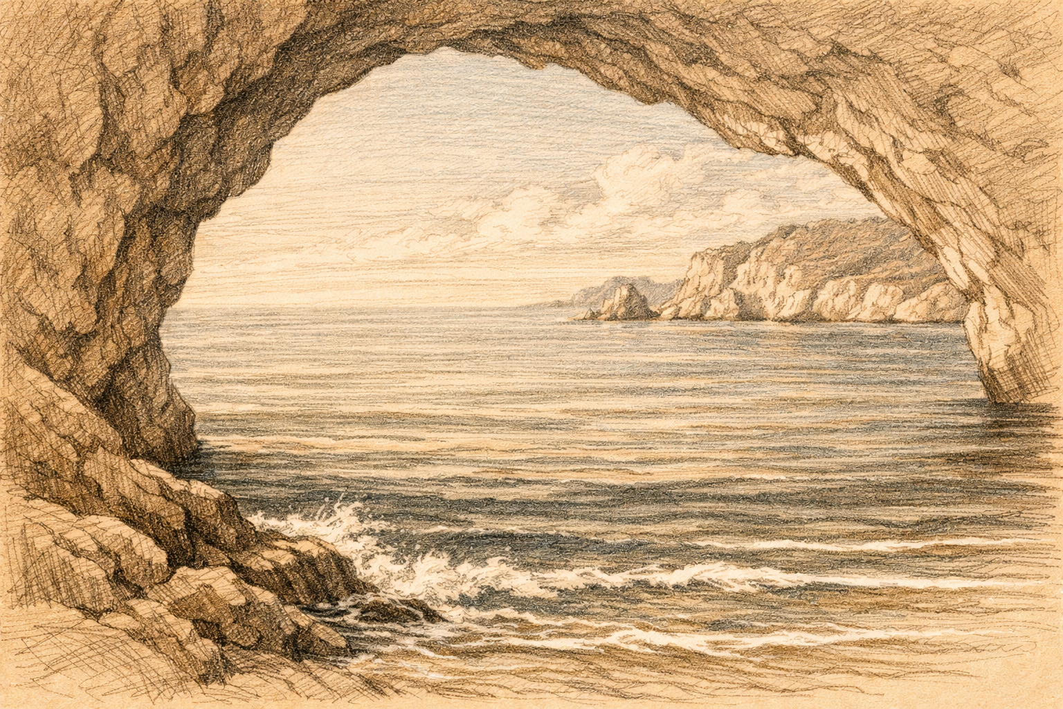 Light horizontal shading for the sea with brighter foam streaks and a darker band under the arch.