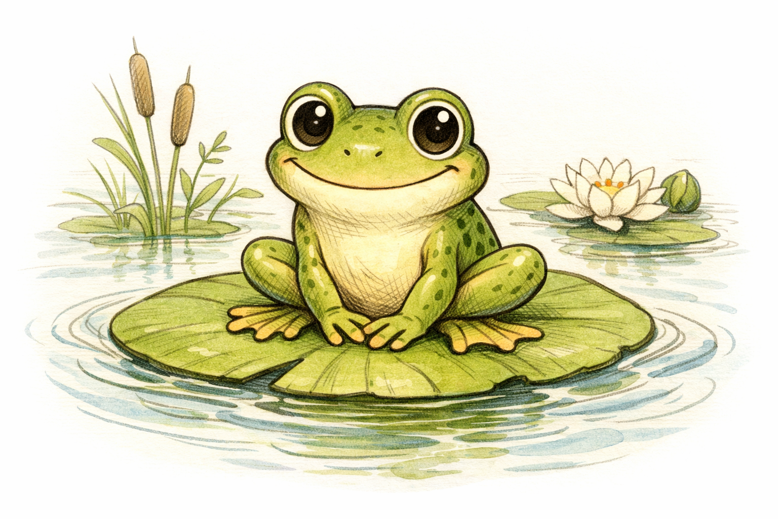 Finished drawing of a smiling frog perched on a lily pad with water ripples and subtle shading.