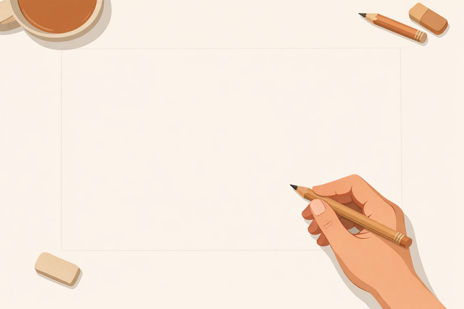 Paper ready for drawing with a hand holding a pencil, leaving space around the edges.