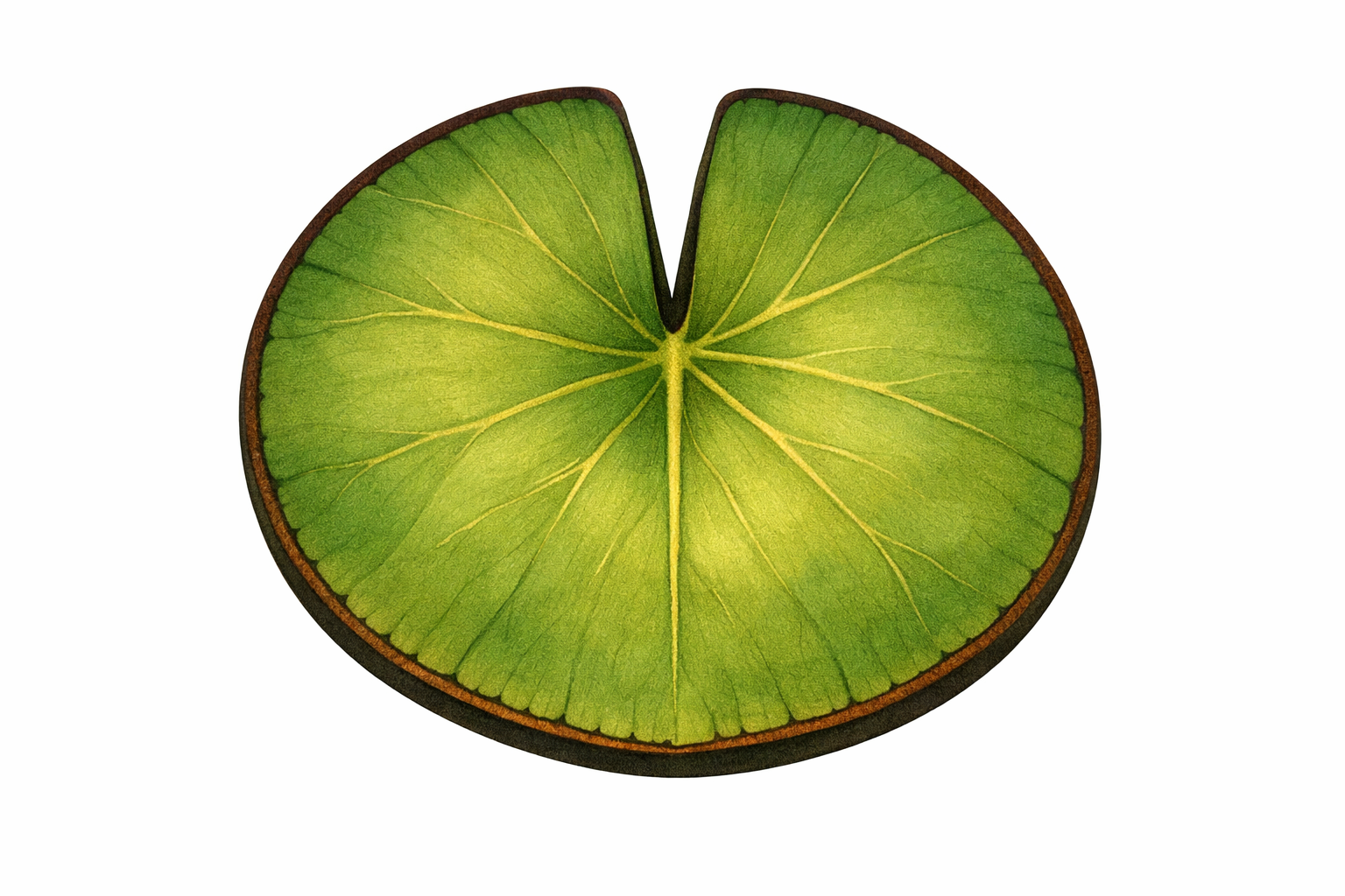 Lily pad with a central vein from the notch and subtle side veins.